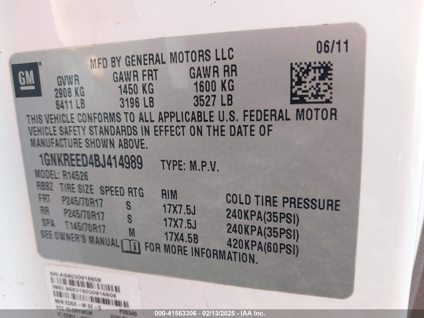 2011 CHEVROLET TRAVERSE VIN: 1GNKREED4BJ414989