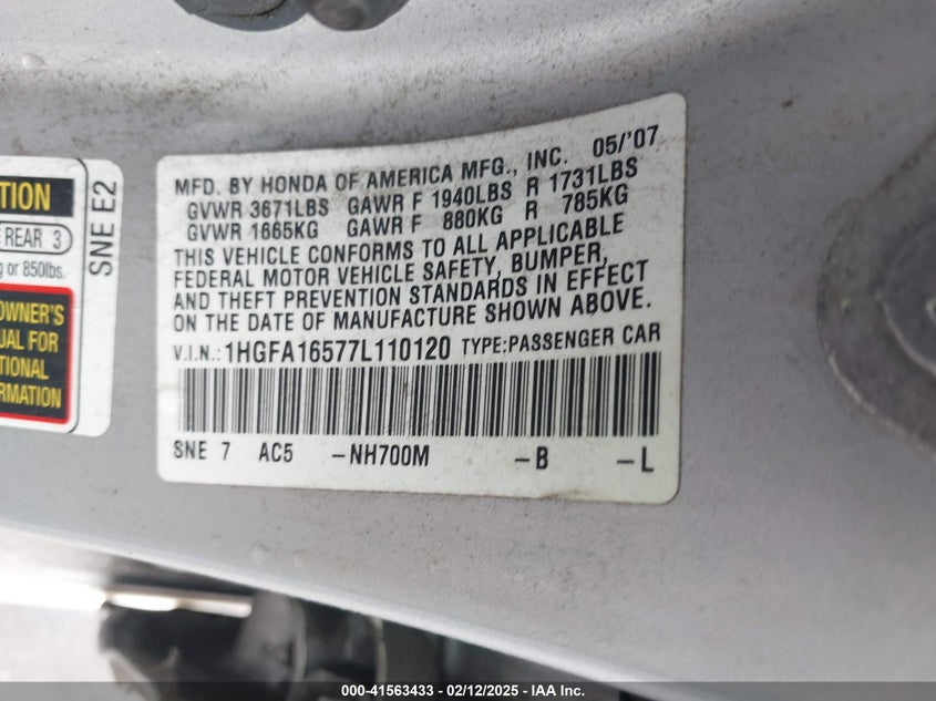 2007 HONDA CIVIC VIN: 1HGFA16577L110120