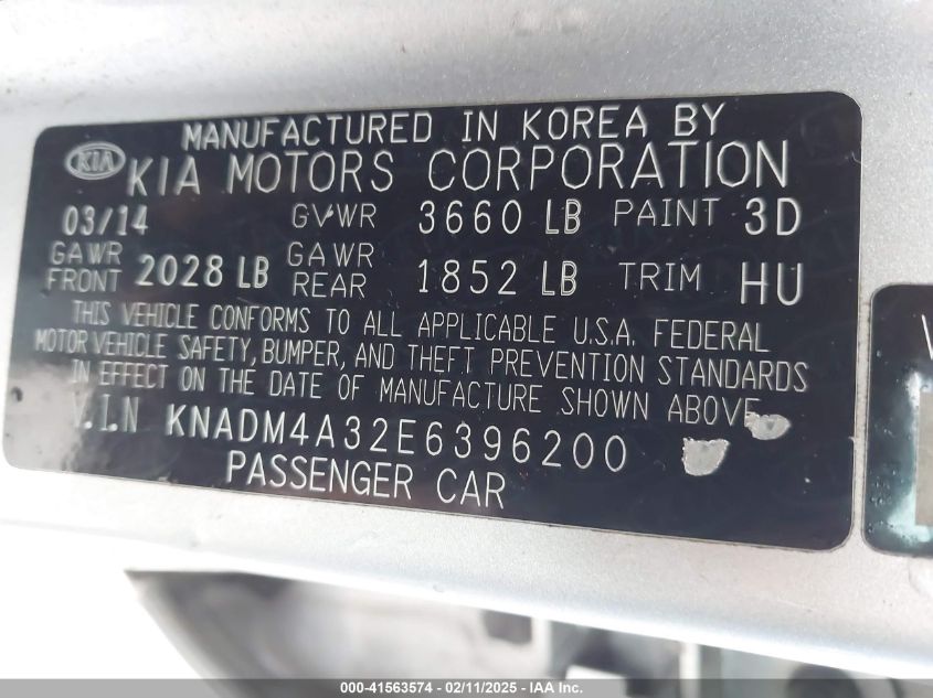 2014 Kia Rio Lx VIN: KNADM4A32E6396200 Lot: 41563574