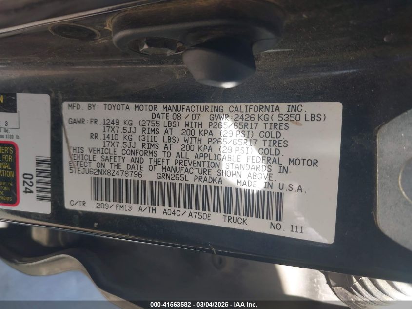 2008 Toyota Tacoma Prerunner V6 VIN: 5TEJU62NX8Z478796 Lot: 41563582