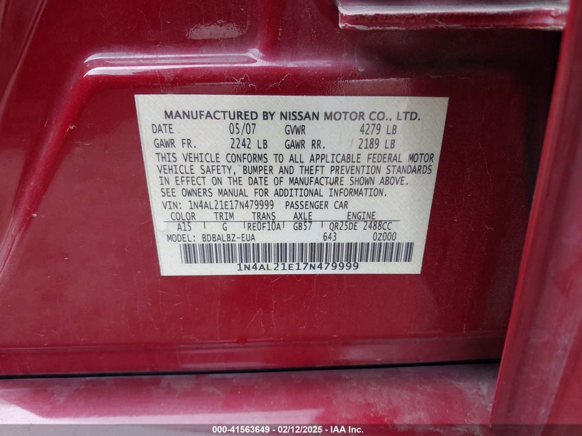 2007 NISSAN ALTIMA VIN: 1N4AL21E17N479999