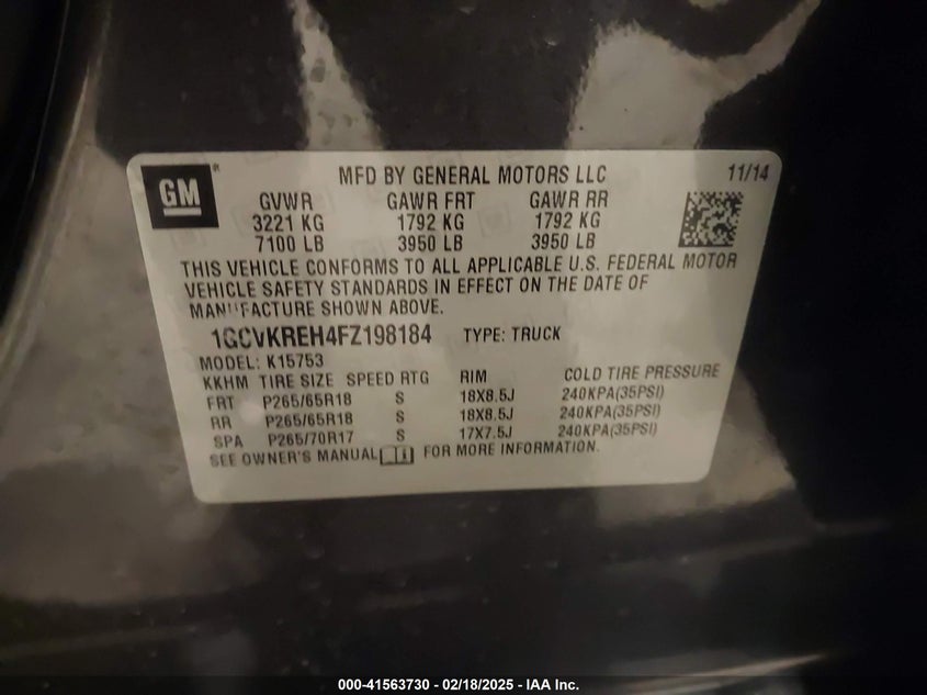 2015 CHEVROLET SILVERADO VIN: 1GCVKREH4FZ198184