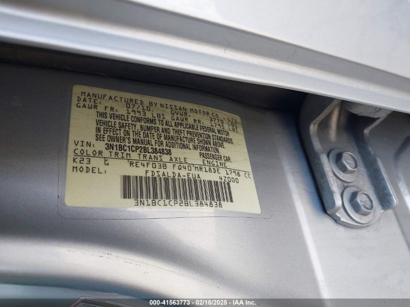 2011 Nissan Versa 1.8S VIN: 3N1BC1CP2BL384838 Lot: 41563773