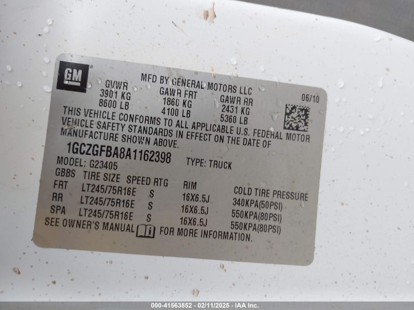 2010 Chevrolet Express 2500 Work Van VIN: 1GCZGFBA8A1162398 Lot: 41563852