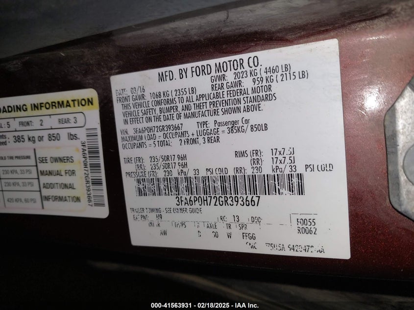 2016 FORD FUSION VIN: 3FA6P0H72GR393667