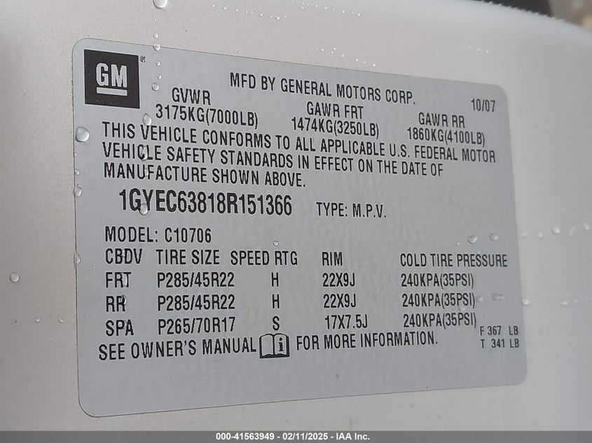 2008 CADILLAC ESCALADE VIN: 1GYEC63818R151366