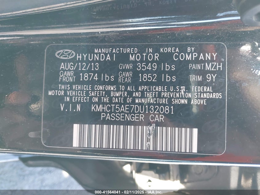 2013 HYUNDAI ACCENT VIN: KMHCT5AE7DU132081