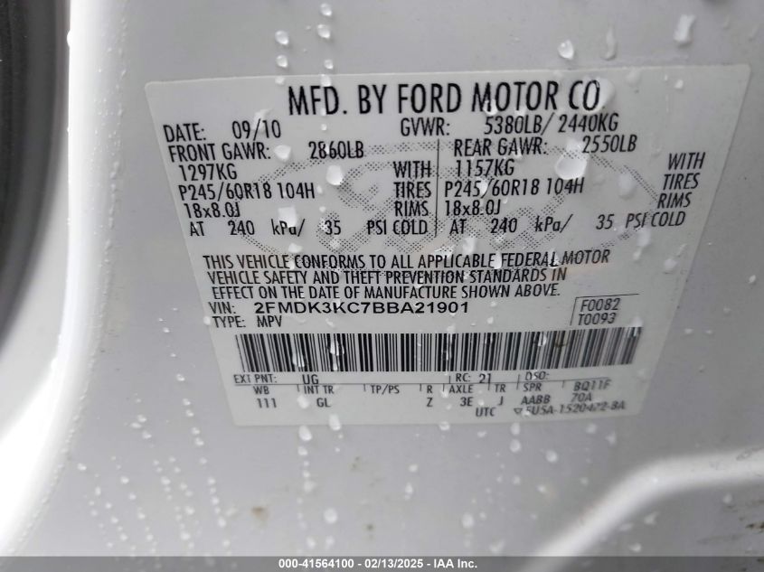 2011 Ford Edge Limited VIN: 2FMDK3KC7BBA21901 Lot: 41564100