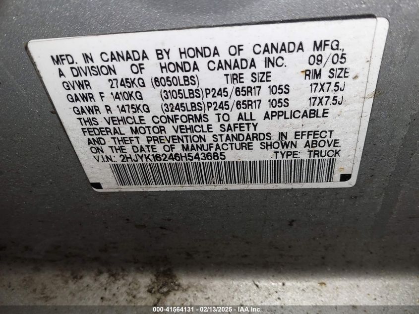 2006 Honda Ridgeline Rt VIN: 2HJYK16246H543685 Lot: 41564131