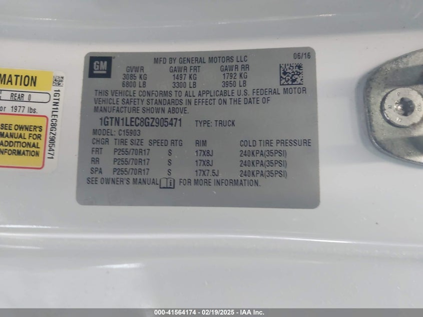 2016 GMC SIERRA 1500 VIN: 1GTN1LEC8GZ905471