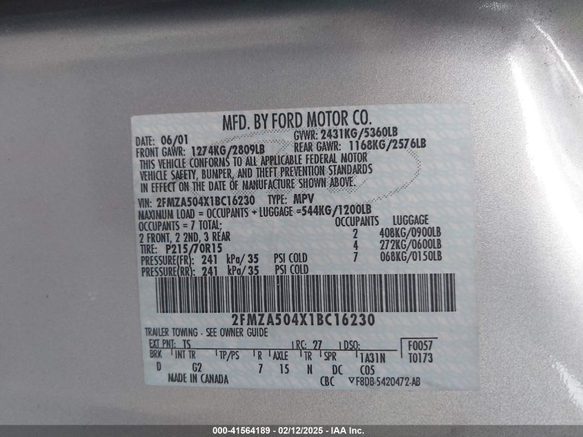 2001 Ford Windstar Lx VIN: 2FMZA504X1BC16230 Lot: 41564189