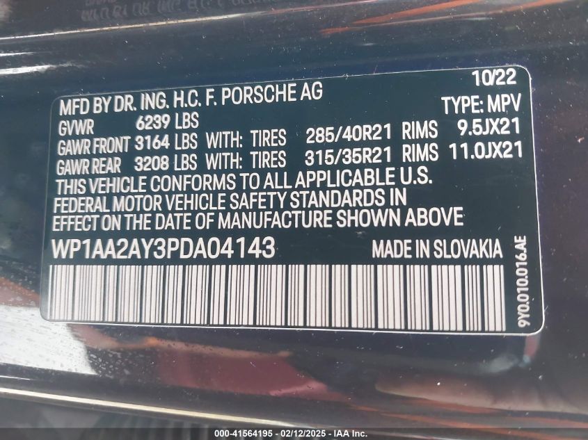 2023 Porsche Cayenne Platinum Edition VIN: WP1AA2AY3PDA04143 Lot: 41564195