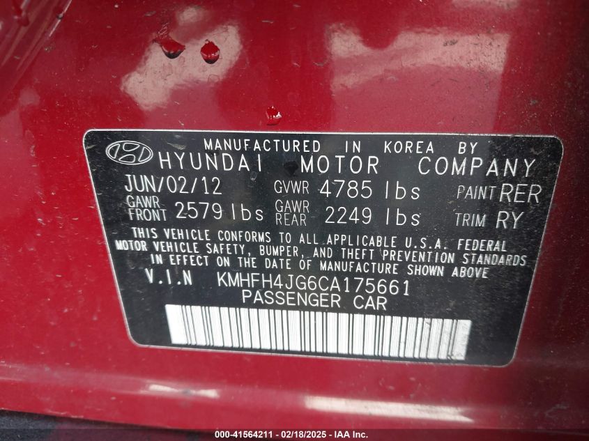 2012 Hyundai Azera Base (A6) VIN: KMHFH4JG6CA175661 Lot: 41564211