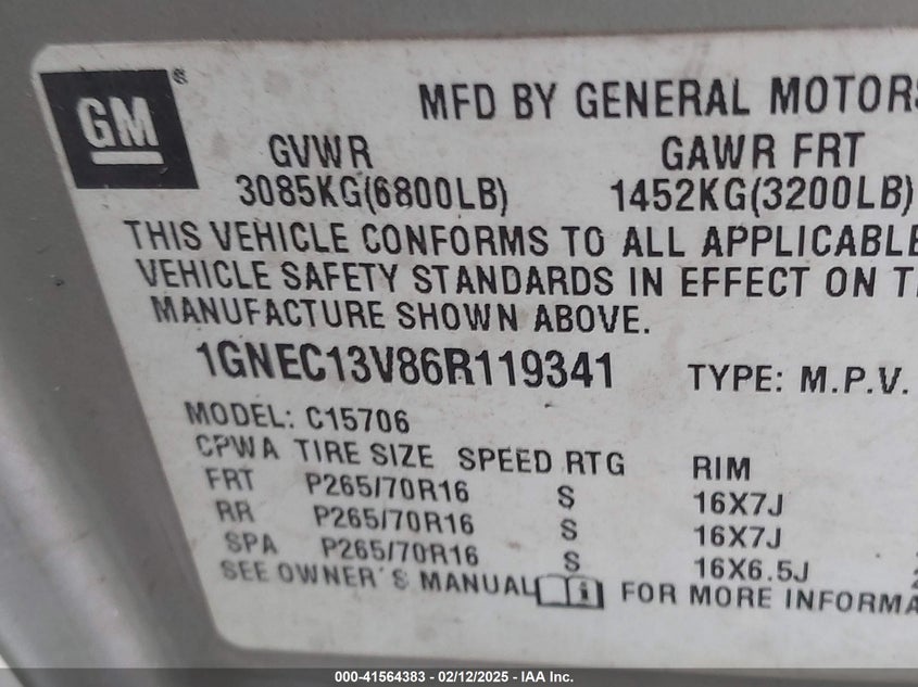 2006 Chevrolet Tahoe Ls VIN: 1GNEC13V86R119341 Lot: 41564383