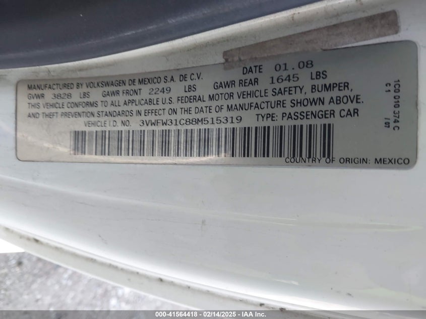 2008 VOLKSWAGEN BEETLE VIN: 3VWFW31C88M515319