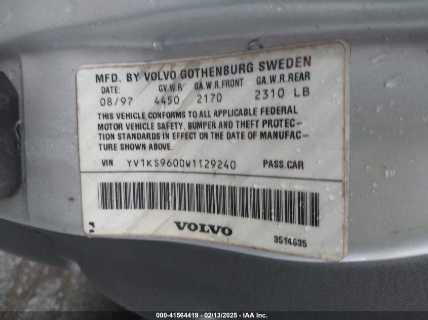1998 Volvo S90 VIN: YV1KS9600W1129240 Lot: 41564419