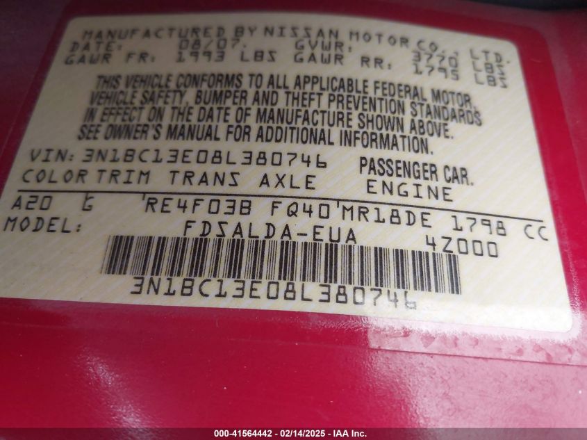 2008 Nissan Versa 1.8S VIN: 3N1BC13E08L380746 Lot: 41564442