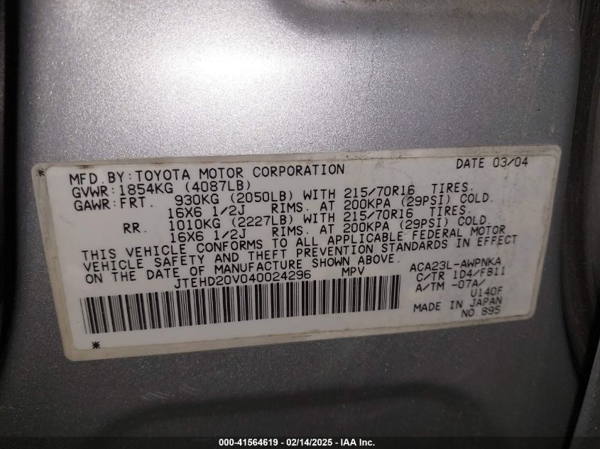 2004 Toyota Rav4 VIN: JTEHD20V04002429X Lot: 41564619