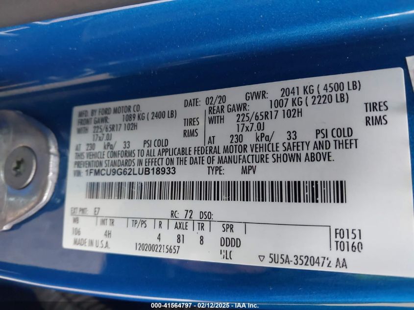 2020 FORD ESCAPE SE - 1FMCU9G62LUB18933