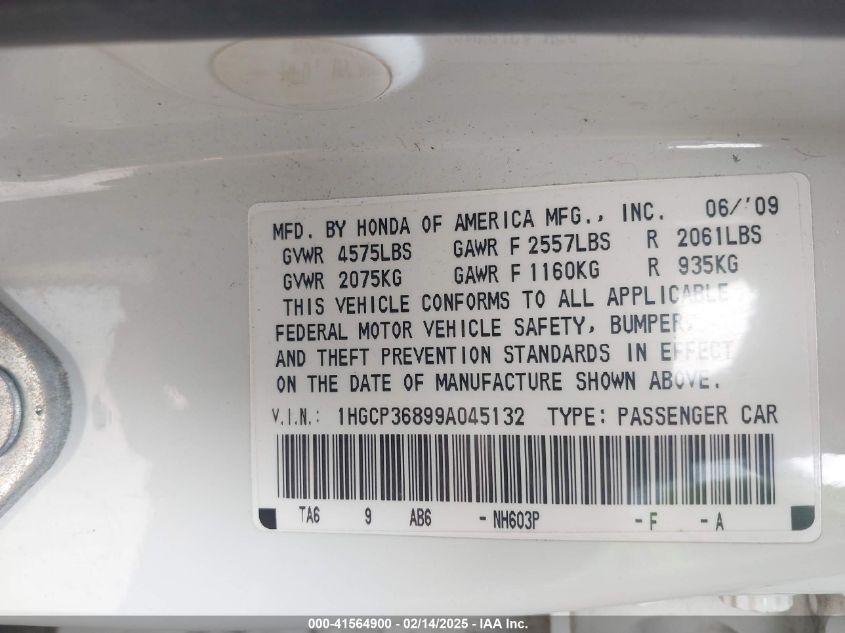 2009 Honda Accord 3.5 Ex-L VIN: 1HGCP36899A045132 Lot: 41564900
