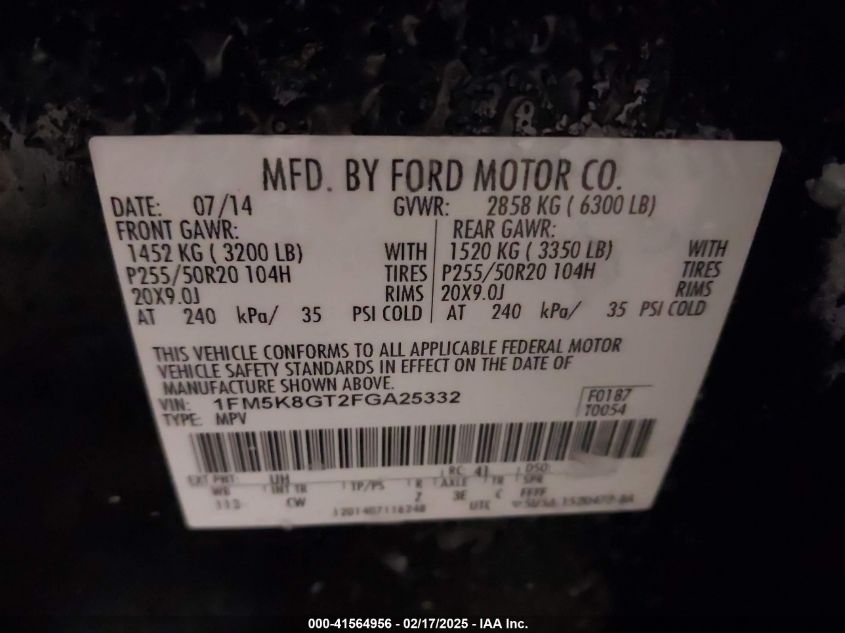 2015 Ford Explorer VIN: 1FM5K8GC2FGA25332 Lot: 41564956