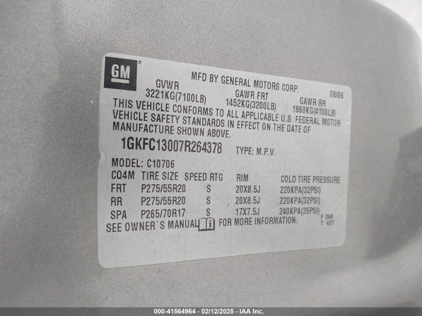 2007 GMC Yukon Slt VIN: 1GKFC13007R264378 Lot: 41564964