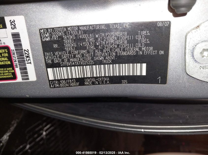 2007 Toyota Tundra Sr5 5.7L V8 VIN: 5TFBV541X7X025225 Lot: 41565019