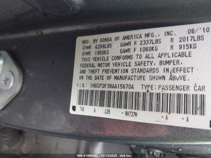 2010 Honda Accord 2.4 Lx VIN: 1HGCP2F39AA156704 Lot: 41565062