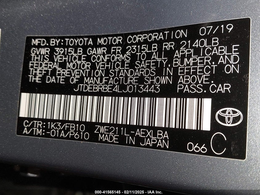 2020 TOYOTA COROLLA HYBRID LE - JTDEBRBE4LJ013443