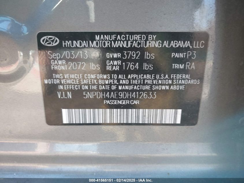 2013 Hyundai Elantra Gls VIN: 5NPDH4AE9DH412633 Lot: 41565151