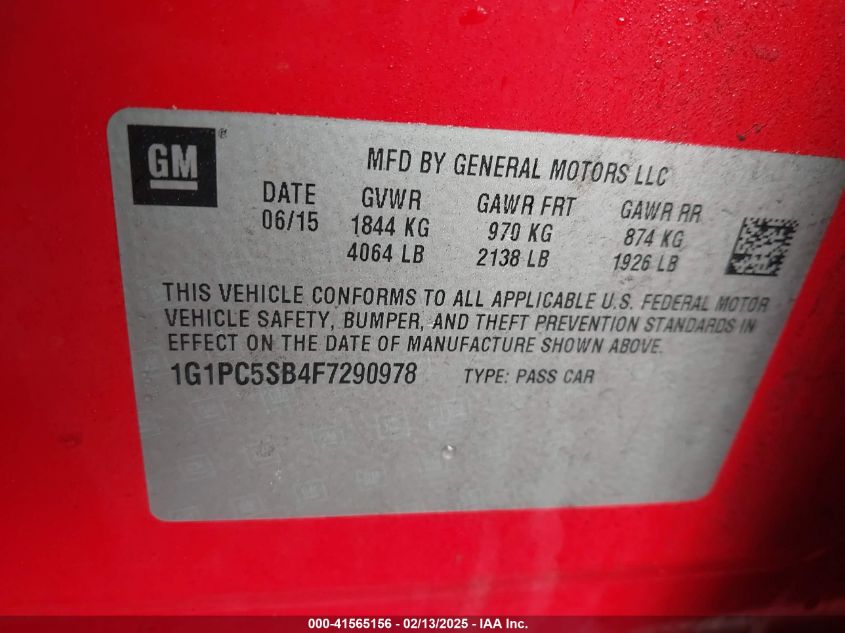 2015 Chevrolet Cruze 1Lt Auto VIN: 1G1PC5SB4F7290978 Lot: 41565156