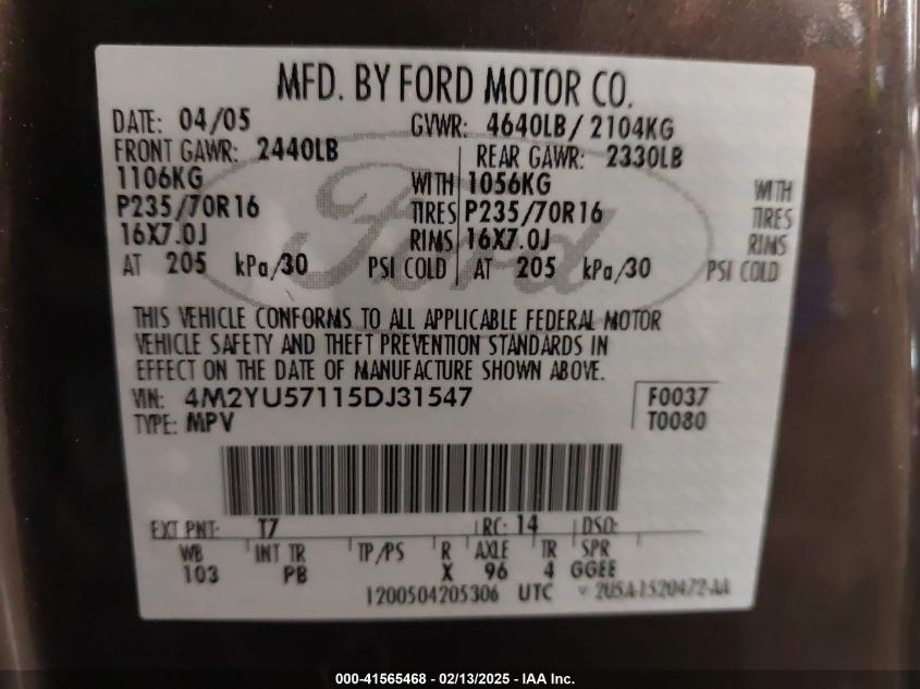 2005 Mercury Mariner Luxury/Premier VIN: 4M2YU57115DJ31547 Lot: 41565468