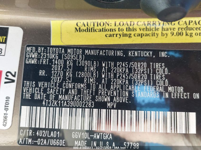 2009 Toyota Venza Base V6 VIN: 4T3ZK11A39U002283 Lot: 41565511