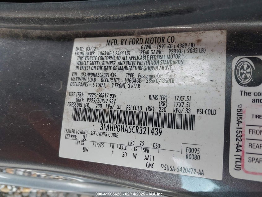 2012 Ford Fusion Se VIN: 3FAHP0HA5CR321439 Lot: 41565625