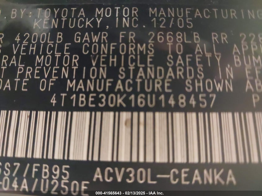 2006 TOYOTA CAMRY VIN: 4T1BE30K16U148457