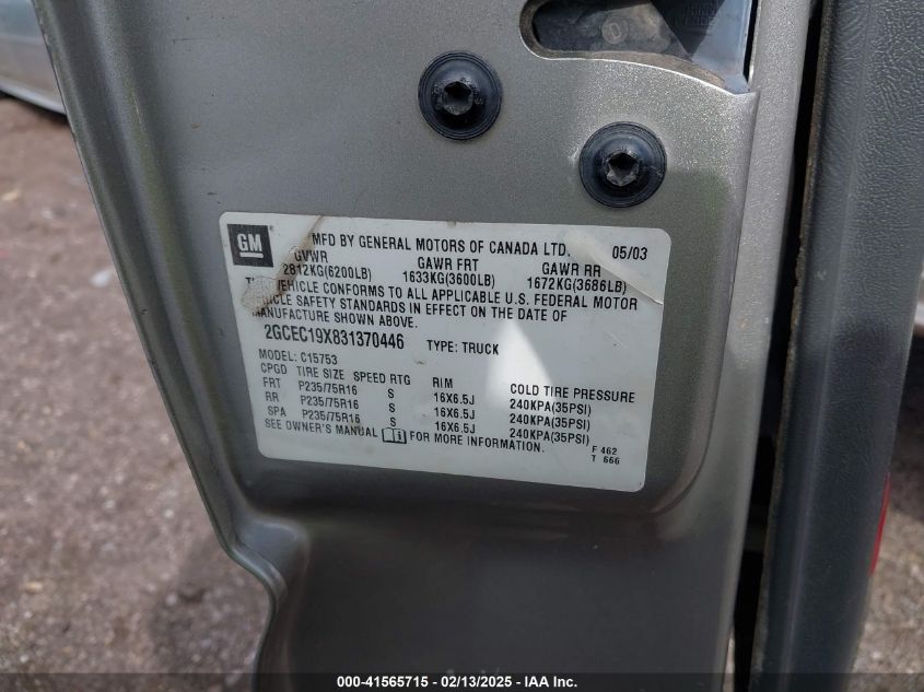 2003 Chevrolet Silverado Ls/Work Truck VIN: 2GCEC19X831370445 Lot: 41565715