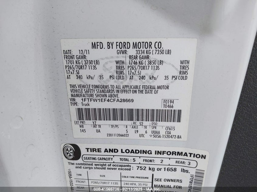 2012 FORD F-150 VIN: 1FTFW1EF4CFA28669