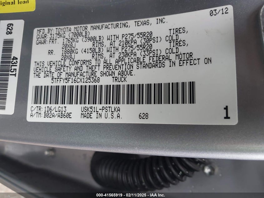 2012 TOYOTA TUNDRA VIN: 5TFFY5F16CX125368