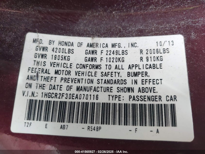 2014 HONDA ACCORD VIN: 1HGCR2F30EA070116
