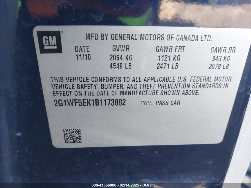 2011 CHEVROLET IMPALA VIN: 2G1WF5EK1B1173882