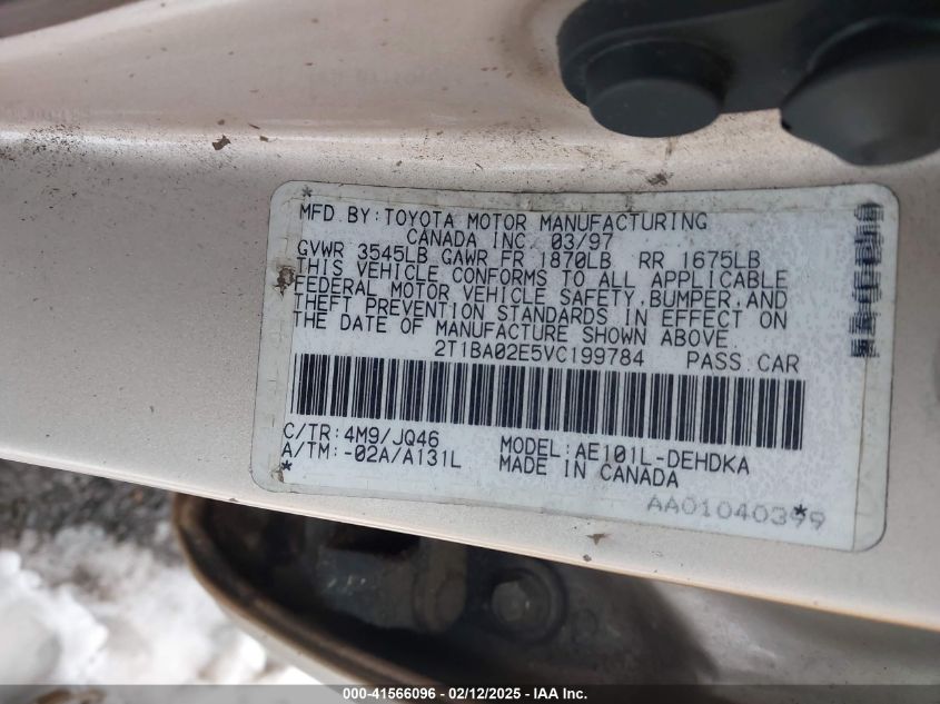 1997 Toyota Corolla Ce VIN: 2T1BA02E5VC199784 Lot: 41566096