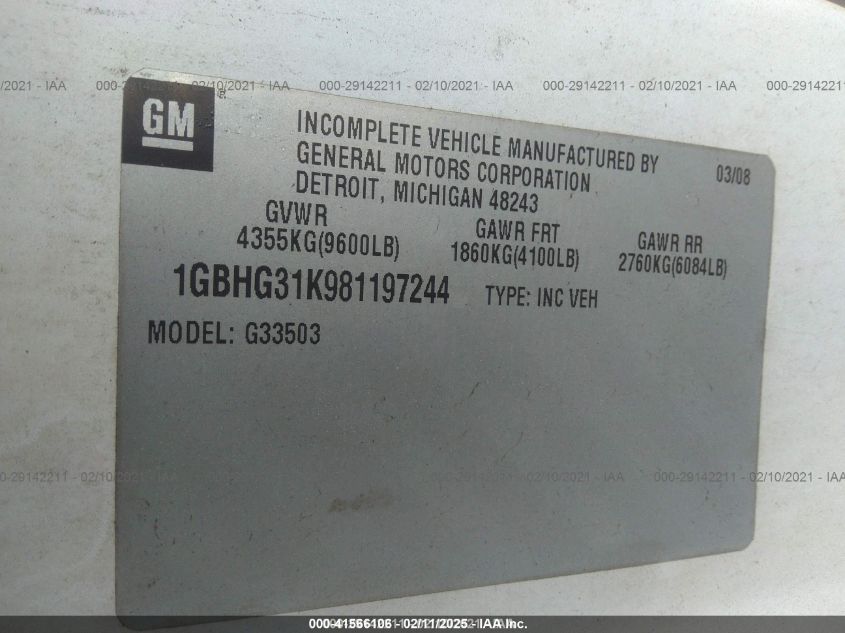 2008 Chevrolet Express Cutaway Work Van VIN: 1GBHG31K981197244 Lot: 41566106