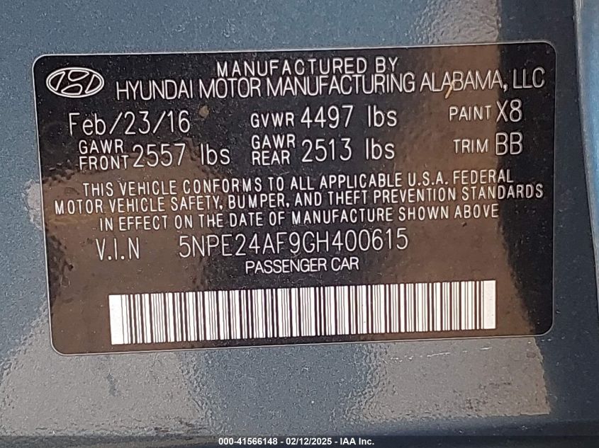 2016 Hyundai Sonata Se VIN: 5NPE24AF9GH400615 Lot: 41566148