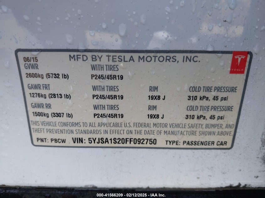 2015 TESLA MODEL S VIN: 5YJSA1S20FF092750