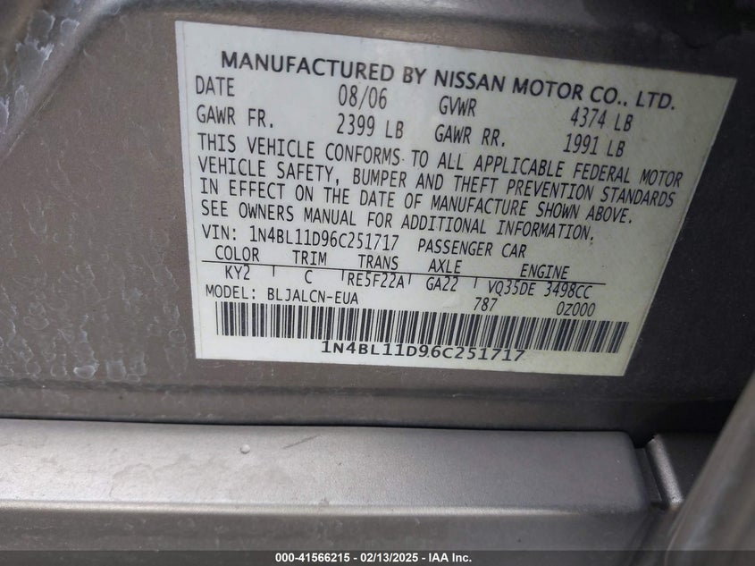 2006 NISSAN ALTIMA VIN: 1N4BL11D96C251717