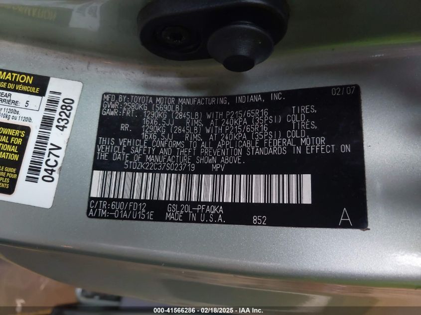 2007 Toyota Sienna Xle VIN: 5TDZK22C37S023719 Lot: 41566286