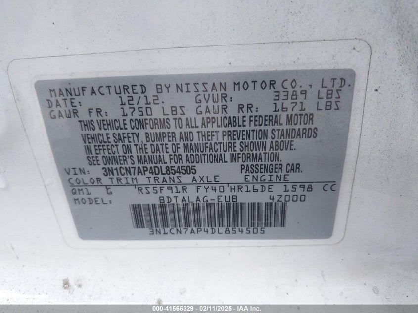 2013 NISSAN VERSA VIN: 3N1CN7AP4DL854505