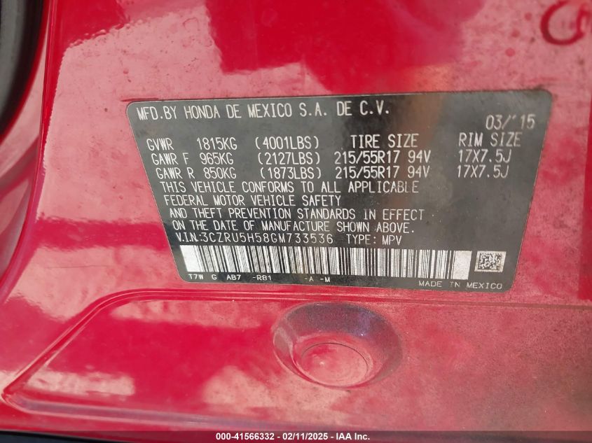 2016 Honda Hr-V Ex VIN: 3CZRU5H58GM733536 Lot: 41566332