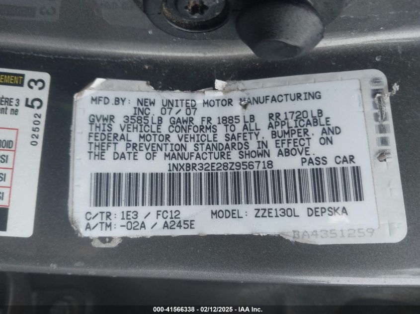 2008 Toyota Corolla S VIN: 1NXBR32E28Z956718 Lot: 41566338