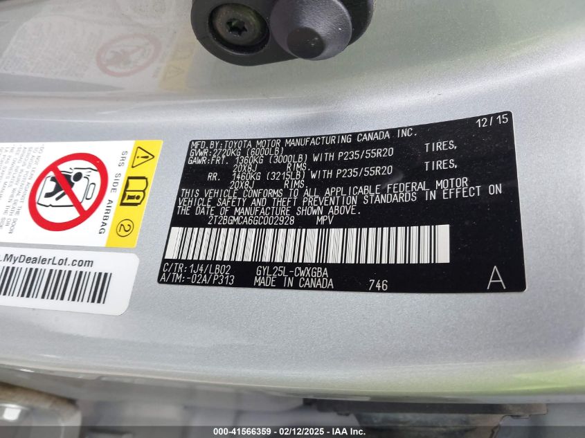 2016 Lexus Rx 450H VIN: 2T2BGMCA6GC002928 Lot: 41566359